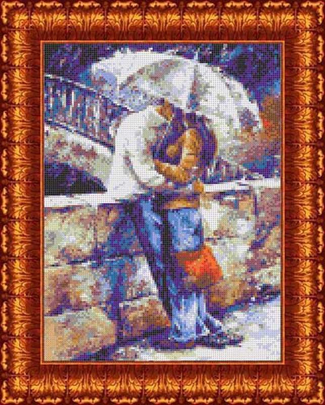Двое под зонтом Элит серия - Канва с нанесенным рисунком для вышивки крестом 23х30 см